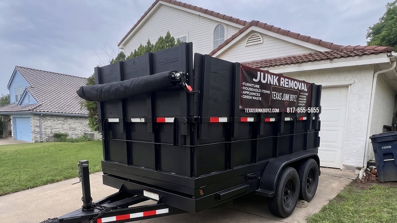 Texas Junk Boyz dump trailer parked in a suburban driveway with a JUNK REMOVAL banner listing furniture, household items, appliances, and green waste. Texasjunkboyz.com 817-655-5655